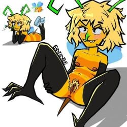 antennae_(anatomy) anthro anus artist_name bee blonde_hair breasts candy colorful_body crazy_bee eshevre female grabbing_own_ass hairy_pussy humanization lying_on_back messy_hair on_back presenting_pussy pussy reference_image roshen small_breasts smiling spread_legs stinger striped_body unusual_feet unusual_nipples