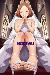 ai_generated dress feet happy haru_okumura high_heels highres night noirwu persona_5 smile toes wedding_dress white_high_heels