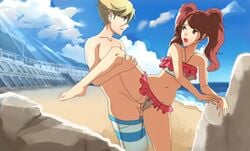 1boy 1girls artist_request atlus beach bikini bikini_bottom bikini_top blonde_hair blue_eyes bottomwear brown_hair clothing eye_contact female human kujikawa_rise kuma_(persona_4) light-skinned_female light-skinned_male megami_tensei one_leg_raised open_mouth penis persona persona_4 sex straight swim_trunks swimsuit swimsuit_aside swimwear teddie_(persona) tied_hair topwear twintails uncensored vaginal_penetration wet