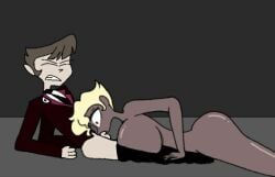 1boy 1girls agent_one agent_two bakerdown blonde_hair blowjob completely_nude completely_nude_female dark-skinned_female fellatio female helluva_boss light-skinned_female male nude oral png