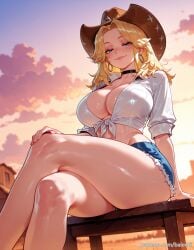 ai_generated balecxi black_choker blonde_hair blue_eyes blue_shorts cleavage closed_mouth cowboy_hat crossed_legs cutoffs denim denim_shorts female hoop_earrings jewelry large_breasts long_hair looking_at_viewer marvel marvel_rivals outdoors patreon_username short_shorts sitting smile solo sue_storm thighs tied_shirt white_shirt