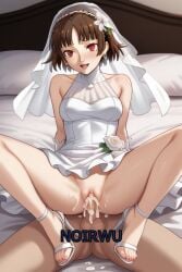 1girls ai_generated brown_hair cowgirl_position cum cum_in_pussy dress feet happy high_heels highres makoto_niijima medium_hair noirwu persona_5 red_eyes sex wedding_dress wedding_veil white_high_heels