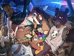 absurd_res anal anal_sex animal_genitalia animal_penis anthro antlers brown_body brown_fur brown_hair canid canine canine_genitalia canine_penis canis car caught clothed clothing cloven_hooves coyote deer erection fangs felid flannel_shirt fur genitals glans gold_(metal) gold_tooth group group_sex hair hi_res hooves horn humanoid_genitalia humanoid_penis inside_car inside_vehicle kapri kerchief knot looking_at_viewer looking_up looking_up_at_viewer male male/male mammal neckerchief neckwear open_clothing open_shirt open_topwear pantherine penetration penile penile_penetration penis penis_in_ass police police_car police_officer police_uniform police_vehicle sex shirt smile teeth threesome topwear trio uniform vehicle whiskers