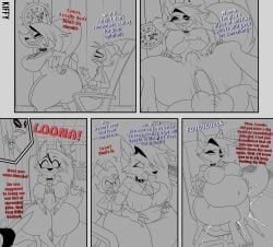 1girls 2_horns 2boys absurd_res anthro artist_name ass belly big_ass big_belly big_breasts big_butt big_penis black_nose blitzo_(helluva_boss) bodily_fluids bottom_heavy bottomless_female breasts canid canid_demon canine comic crop_top cum cum_inflation cum_inside cumflated_belly cumflation demon duo_focus english_text female fingerless_gloves furry genital_fluids genitals greyscale group hair hellhound helluva_boss hi_res horn huge_butt huge_cock imp inflation inside interspecies kiffy_(artist) larger_female long_hair looking_pleasured loona_(helluva_boss) mammal monochrome moxxie_(helluva_boss) mythological_canine mythological_creature mythology nipple_outline open_mouth penetration penis profanity reverse_cowgirl_position sex shirt shirt_only sitting size_difference smaller_male spiked_collar stomach_bulge text thick_thighs trio vaginal_penetration wide_hips wolf wolf_girl