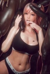 1girls 2boys 3d big_penis blacked blacked_clothing cum cum_in_mouth dark-skinned_male dark_skin dead_or_alive female gladionanimated honoka_(doa) interracial looking_at_viewer male queen_of_spades threesome