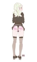 1girls blue_eyes cameltoe clothed diana_cavendish female green_hair hanamuko little_witch_academia looking_at_viewer looking_back panties thighhighs upskirt writing_on_body