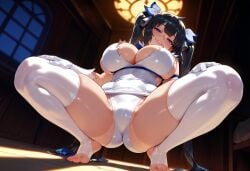1girls ai_generated arm_ribbon ass balecxi bangs bare_shoulders bell black_hair blue_eyes blue_ribbon blush breasts cameltoe cleavage clothing clothing_cutout covered_navel crotch curvaceous curvaceous_female curvaceous_figure curvy curvy_figure dress dungeon_ni_deai_wo_motomeru_no_wa_machigatteiru_darou_ka dungeon_ni_deai_wo_motomeru_no_wa_machigatteiru_darou_ka? feet female female female_focus from_below gloves grin hair_ornament hair_ribbon half-closed_eyes hands_on_own_thighs head_tilt hestia hestia_(danmachi) huge_breasts indoors inviting inviting_to_sex large_breasts legs legwear long_hair looking_at_viewer naughty_face night no_shoes panties parted_lips presenting presenting_ass presenting_breasts presenting_hindquarters presenting_pussy presenting_self rei_no_himo ribbon seductive seductive_look seductive_smile short_dress sideboob sidelocks skindentation sleeveless sleeveless_dress smile solo spread_legs squatting stirrup_legwear thick_thighs thighhighs thighs tiptoes toeless_legwear toenail_polish toenails toes twintails underwear very_long_hair voluptuous voluptuous_female white_dress white_gloves white_legwear white_panties white_ribbon white_thighhighs window