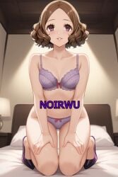 ai_generated black_high_heels brown_hair feet haru_okumura high_heels highres lingerie lying_on_bed medium_breasts medium_hair noirwu on_bed persona_5 purple_lingerie sexy smile toes