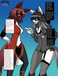 1boy 1girls 2025 airiin220 big_breasts breasts cyberairiin_(airiin220) door_knob_(horse_race_tests) english_text female femboy furry furry_only glasses green_eyes horse_race_tests long_hair_male male male_cleavage raceplay racism short_hair_female superstitional_realism text tights tomboy