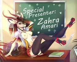 antelope anthro blackboard class classroom clothing footwear fur furry gazelle high_heels horn horns mammal office_lady pleated_skirt school school_uniform sertaa shirt shoes teacher uniform zahra_(airheart)