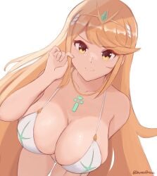 absurdres artist_name bikini blonde_hair breasts cleavage daymandraws female gem hair_ornament headpiece highres jewelry large_breasts leaning_forward legs long_hair looking_at_viewer mythra mythra_(xenoblade) nintendo shiny_skin simple_background smile solo source_request swimsuit thighs tiara white_background white_bikini xenoblade_chronicles_(series) xenoblade_chronicles_2 yellow_eyes