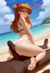 1girls 2d ai_generated areolae ass asuka_langley_sohryu back bare_shoulders beach big_ass bikini bikini_pull bikini_top blue_eyes dark-skinned_male day erophoenix female female_focus full_body interracial large_penis long_hair looking_at_viewer neon_genesis_evangelion ocean orange_hair outdoors pale_skin pale_skinned_female patreon_username red_bikini sky small_breasts solo swimsuit thick thick_thighs uncensored