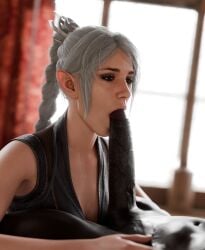 3d baldur's_gate baldur's_gate_3 big_cock blowjob dark-skinned_male derpderp fellatio green_eyes interracial interracial_sex shadowheart sucking_tip white_hair