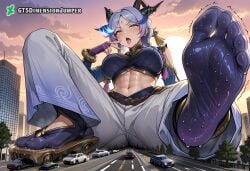 1girls abs absurd_res ai_generated blue_eyes female foot_fetish footwear giant_ass giant_breasts giant_thighs giantess giantess_feet giantess_growth goddess growth gtsdimensionjumper horn horns league_of_legends midriff navel navel_cutout pink_hair purple_hair size_difference toeless_legwear toes yunara yunara_(league_of_legends)