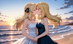 beach blonde_hair cynthia_(pokemon) dress kay_(girls_und_panzer) kissing lesbian_kiss women_only yuri