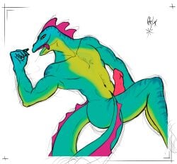absurd_res anthro ass digital_media_(artwork) epic_games erection fortnite genitals ghstaquila green_body hi_res lizard lizzik_(fortnite) looking_at_viewer male nude penis reptile scalie simple_background smile solo tail tongue tongue_out