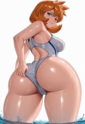 adjusting_clothes adjusting_swimsuit ai_generated ass ass_focus back bangs bare_shoulders blush breasts cameltoe closed_mouth clothing competition_swimsuit curvaceous female female female_only from_behind green_eyes highleg highleg_swimsuit huge_ass kasumi_(pokemon) kasumi_(pokemon) large_ass large_breasts legs looking_at_viewer looking_back medium_breasts misty_(pokemon_hgss) one-piece_swimsuit one-piece_swimsuit_pull orange_hair partially_submerged partially_visible_vulva pokemon pool shiny_skin short_hair sideboob smile solo standing swimsuit tank_suit thick_ass thick_thighs thighs wading water wedgie wet white_one-piece_swimsuit white_swimsuit wide_hips