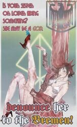 auburn_hair bikini bikini_top blue_eyes bra english_text fear_and_hunger fear_and_hunger:_termina female female_only full_body high_heels leg_up long_hair looking_at_viewer pale-skinned_female pale_skin pinup poster red_hair reila_haas sitting solo text the_machine_god white_bikini white_bra