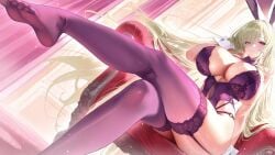 animal_ears azur_lane bare_shoulders blonde_hair blush breasts chair cleavage crossed_legs curtains detached_collar fake_animal_ears feet female foot_out_of_frame from_below garter_belt garter_straps gloves hair_between_eyes highleg huge_breasts indoors lace lace-trimmed_legwear lace_trim large_breasts legs leotard lingerie long_hair looking_at_viewer mole mole_under_eye napoli_(azur_lane) napoli_(dreamy_night)_(azur_lane) no_shoes parted_lips playboy_bunny purple_eyes purple_leotard purple_thighhighs rabbit_ears red_eyes sitting smile soles solo thighhighs thighs toes underwear very_long_hair wrist_cuffs