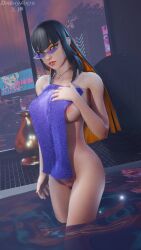 1female 1girls 3d breasts breasts breasts countess_daraku_(fortnite) covering_breasts dashyarts epic_games eyewear female female female_only fortnite fortnite:_battle_royale glasses green_eyes hand_on_chest in_water light-skinned_female light_skin lip_piercing long_hair looking_at_viewer looking_over_eyewear makeup multicolored_hair naked naked_female necklace nipple_slip nipples nude nude_female piercing pussy shaved_crotch shaved_pussy solo solo_female standing tagme tinted_eyewear towel two_tone_hair vagina wet wet_body