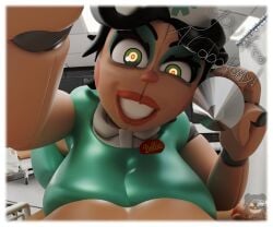 3d 3d_(artwork) 3d_model 3d_render animatronic animatronic_female clothed clothed_female_nude_male clothing crazy crazy_eyes crazy_smile dialogue english english_text five_nights_at_freddy's five_nights_at_freddy's:_secret_of_the_mimic fnaf looking_at_viewer nude_male nurse nurse_cap nurse_clothing nurse_dollie_(fnaf) nurse_hat nurse_uniform patient robot robot_girl scrapkill text text_bubble
