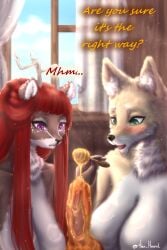 2:3 absurd_res alex_hound anthro big_breasts breasts canid canine connor_(alex_hound) deer eleanor_(alex_hound) female female/female femboy food food_fetish fox group hi_res honey_(food) huge_breasts knot male male/female mammal mature_female overweight trio vanessa_(alex_hound)