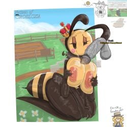1boy 1girls areolae artist_name balls breasts disembodied_penis female grow_a_garden interspecies male meme_in_the_background netizen nipples on_knees penis queen_bee_(grow_a_garden) roblox roblox_game robloxian self_upload tagme thighs veiny_penis