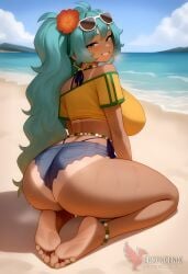 1girls 2d ai_generated aqua_hair ass barefoot big_ass big_breasts bikini bracelet brazilian_miku breasts dark-skinned_female earrings erophoenix eyewear_on_head feet full_body grin hair_flower hair_ornament hatsune_miku huge_breasts jewelry kneeling long_hair looking_at_viewer looking_back nail_polish patreon_username shorts smile soles solo solo_female sunglasses swimsuit tan tellow_shirt thick thick_thighs toes uncensored vocaloid
