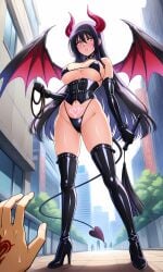 1boy ai_generated ass_visible_through_thighs bangs bare_shoulders bat_wings bikini black_bikini black_clothes black_corset black_footwear black_gloves black_hair black_legwear black_panties black_swimsuit black_thighhighs black_underwear blush boots breasts building city cleavage clothing corset day demon_girl demon_horns demon_tail demon_wings dominatrix elbow_gloves female female footwear gloves groin hair_between_eyes heart heart_tattoo high_heel_boots high_heels highleg highleg_bikini holding holding_whip horns large_breasts latex_legwear legwear long_hair looking_at_viewer male micro_bikini navel open_mouth original outdoors pantsu parted_lips pov_hands pubic_tattoo revealing_clothes shiny_clothes shoes smile solo_focus standing succubus sweatdrop swimsuit tail tattoo thigh_boots thighhighs thighs underboob underwear very_long_hair whip wings yellow_eyes