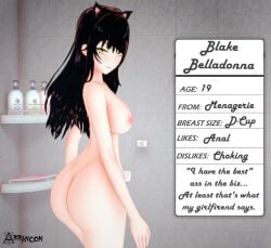 1girls arrancon ass bathroom black_hair black_hair_female blake_belladonna breasts cat_ears long_hair long_hair_female profile profile_picture rwby shower_room solo_female yellow_eyes