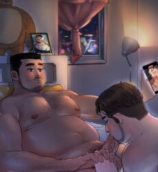 2boys absurdres bara bedroom blush boori_boori99 commission completely_nude couple dark-skinned_male dark_skin facial_hair fat fat_man fellatio gay girthy_penis hairy happy_sex highres holding_hands large_pectorals male_focus multiple_boys navel navel_hair nipples nude oral original pectorals penis plump short_hair sideburns sparse_chest_hair stubble thick_eyebrows uncensored yaoi