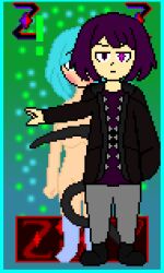 1boy amber_lightvale background black_eyes black_hair black_jacket black_shoes blue_hair blue_socks blush breasts breasts covering dark_zixy female glitchtale green_eyes grey_pants maroon_shirt naked pixel pixel_art short_hair violet_eyes wearing_clothes zixy