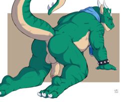 anthro ass avoid_posting cbh dragon drakoneth grin male_only musclegut muscular penis scalie scarf slightly_chubby smile spikes wide_hips