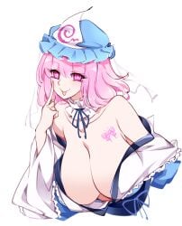 bare_shoulders big_breasts blue_dress blue_hat blush breasts cleavage collarbone dress female hat large_breasts looking_at_viewer mob_cap off_shoulder pink_eyes pink_hair raptor7 short_hair simple_background solo tongue tongue_out touhou upper_body white_background yuyuko_saigyouji