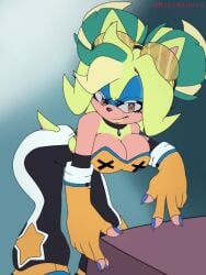 1girls bare_shoulders bent_over big_breasts black_pants blue_highlights brown_eyes chocker cleavage eyewear_on_head fan_character fang_out fangs female fingerless_gloves gloves green_hair large_breasts lipstick looking_at_viewer makeup minttmidori multicolored_hair oc smile sonic_(series) sonic_oc sonic_the_hedgehog_(series) tinted_eyewear yellow-framed_eyewear