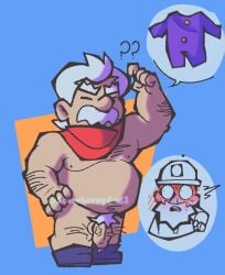 blush cartoony dynamike_(brawl_stars) fat fat_man gale_(brawl_stars) question_mark scarf simple_background somehornydud3 tagme