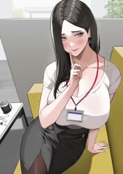 1girls black_hair blush brown_eyes clothed clothing dark_hair earrings female female_only id_card office office_lady original original_character sitting takoneru