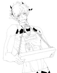 blush chains chains collar cow_boy cow_ears cow_horns cow_print crop_top gintama gintoki_sakata linked_collar linked_nipples male male_only milk milk_bottle monochrome nervous_smile nipple_piercing smile solo sweatdrop tray yuzhoufeitian