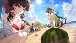 baseball_bat beach beach_house beach_umbrella belly_button bikini bird black_hair blindfold cleavage flower flower_in_hair goddess_of_victory:_nikke green_hair guilty_(nikke) guilty_(wave_of_disbelief)_(nikke) hi_res high_resolution highres house huge_breasts large_breasts legs long_hair long_legs maiden_(nikke) maiden_(under_the_sun)_(nikke) massive_breasts mmlyno ocean ponytail red_eyes sakura_(bloom_in_summer)_(nikke) sakura_(nikke) sand sitting summer sunglasses sunglasses_on_head sunlight sunny swimsuit thick_thighs thighs umbrella water watermelon