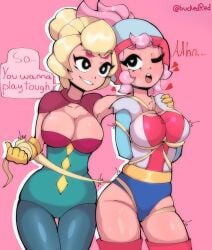 2d 2girls blonde_hair blush brawl_stars bucketred charlie_(brawl_stars) duo helmet janet_(brawl_stars) multiple_girls pink_hair tagme tied_up yellow_hair yuri