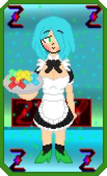 amber_lightvale background big_breasts black_socks blue_hair blush glitchtale green_hair green_shoes hair_covering_eye maid maid_outfit maid_uniform pixel pixel_art ribbon shoes short_hair transparent_background zixy