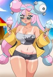 1girls ai_generated ai_style_imitation archdan_(style) archdan_style_ai artstyle_imitation beach blue_hair female female_only headwear human ice_cream iono_(pokemon) looking_over_eyewear looking_over_sunglasses multicolored_hair navel pink_hair pokemon smile solo style_imitation style_parody sunglasses tan_skin tanline tanned thick_thighs tinted_eyewear tubetop yellow_jacket