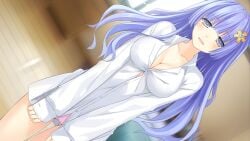 bare_legs bare_thighs big_breasts blush breasts cleavage collarbone date_a_live flower_in_hair game_cg izayoi_miku long_hair long_shirt long_sleeves no_shorts official_art open_mouth open_shirt panties pink_panties purple_eyes purple_hair shiny_skin shirt smile thighs tsunako