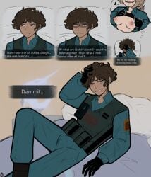 1boy 1female 1male bed breasts bulge comic curly_hair dark-skinned_male dark_skin erection female hotel_room limbus_company mole_under_eye pilot_(limbus_company) project_moon self_insert sweat thought_bubble yamapollogee