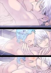 2boys blue_hair comic gay ghiaccio grey_hair imminent_penetration imminent_sex jojo's_bizarre_adventure kissing male male/male male_only nude_male risotto_nero vento_aureo yaoi