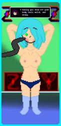 1boy amber_lightvale background black_eyes black_hair black_tentacle blue_eyes blue_panties blue_socks blush blush breasts breasts breasts dark_zixy dialogue dialogue_box female glitchtale green_eyes nipples panties pixel pixel_art short_hair tentacle tentacle_on_face zixy