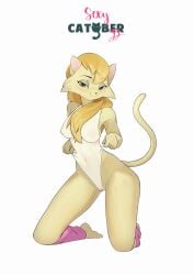 2022 2022s anthro barefoot belly_button big_breasts blonde_hair breasts camel_toe cameltoe cat_ears cat_tail catgirl catober catober_2022 cleft_of_venus cleo_catillac domestic_cat felid feline felis feliscede female female_focus female_only grey_eyes hair_over_shoulder half-closed_eyes heathcliff_and_the_catillac_cats kneeling leg_warmers legwear long_hair pink_leg_warmers pink_legwear pose simple_background smile smug solo spread_legs tail the_catillac_cats thin_tail tight_clothing white_background white_clothing yellow_body yellow_fur