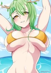 1girls beauty_mark bikini_top blush ceres_fauna female female_only gold_bikini green_hair hololive hololive_english hololive_english_-council- hololive_english_-promise- light-skinned_female light_skin mole mole_under_eye raitei717 solo upper_body virtual_youtuber water yellow_eyes