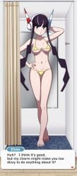 1girls barefoot bikini black_hair blue_eyes blue_nails breasts character_name cleavage contrapposto creatures_(company) curtains dressing_room elesa_(pokemon) elesa_(pokemon_bw2) english_text feet full_body game_freak gym_leader hand_behind_head hand_on_hip headphones hi_res kohatsuka long_hair looking_at_viewer medium_breasts micro_bikini mirror nail_polish navel nintendo open_mouth painted_nails pokemon pokemon_bw2 pokemon_masters pose red_nails solo standing talking_to_viewer text text_box thigh_gap underboob variant_set yellow_bikini