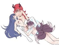 3girls awayuki_kokorone blue_hair breast_sucking breasts cunnilingus fff_threesome fox_ears fox_tail heidibiersack horns kaminari_shion kitsune multiple_girls oral_sex purple_hair pussy pussy_juice red_hair succubus threesome utsuki_sei virtual_youtuber vtuber_nanda_ga_haishin_kiri_wasuretara_densetsu_ni_natteta yuri